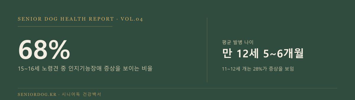 15~16세 노령견의 68%가 인지기능장애 증상을 보인다는 통계, 평균 발병 나이 만 12세 5~6개월